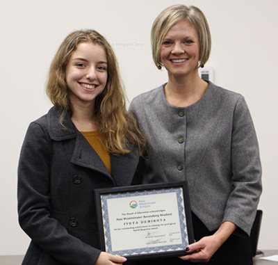 NWSS student Iveta Demirova won one of the most prestigious biotechnology competitions in Canada – the Sanofi Biogenius Canada competition. School Board chair Jonina Campbell congratulates her in October, 2016. as an "inspiration for your school and for the district, and what you have accomplished is truly remarkable,” New Westminster School Board Chair Jonina Campbell said 