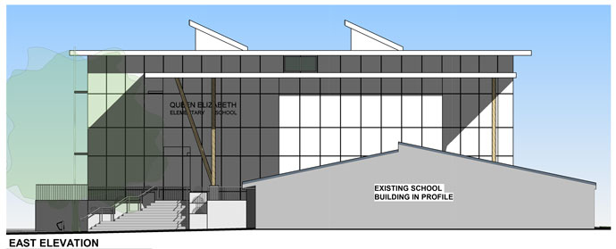 Draft concept rendering of the east side elevation for the proposed expansion to QES. 